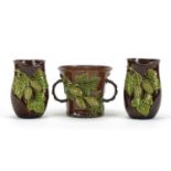 Rye Hop Ware including a pair of vases and twin handled cup, the largest 10cm high : For Further