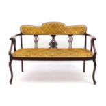 Edwardian mahogany salon settee with gold floral upholstery, 122cm wide : For Further Condition
