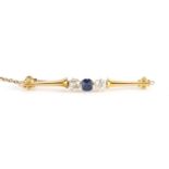 Unmarked gold diamond and sapphire bar brooch, 5.5cm in length, approximate weight 3.8g : For