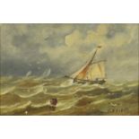 Christopher Mark Maskel - Rigged ship on choppy seas, oil on board, mounted and framed, 22cm x