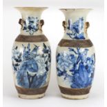 Pair of Chinese blue and white crackle glazed baluster vases with twin handles, hand painted with