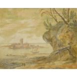 Francis Place - Three master at anchor with island beyond, watercolour on card, label and