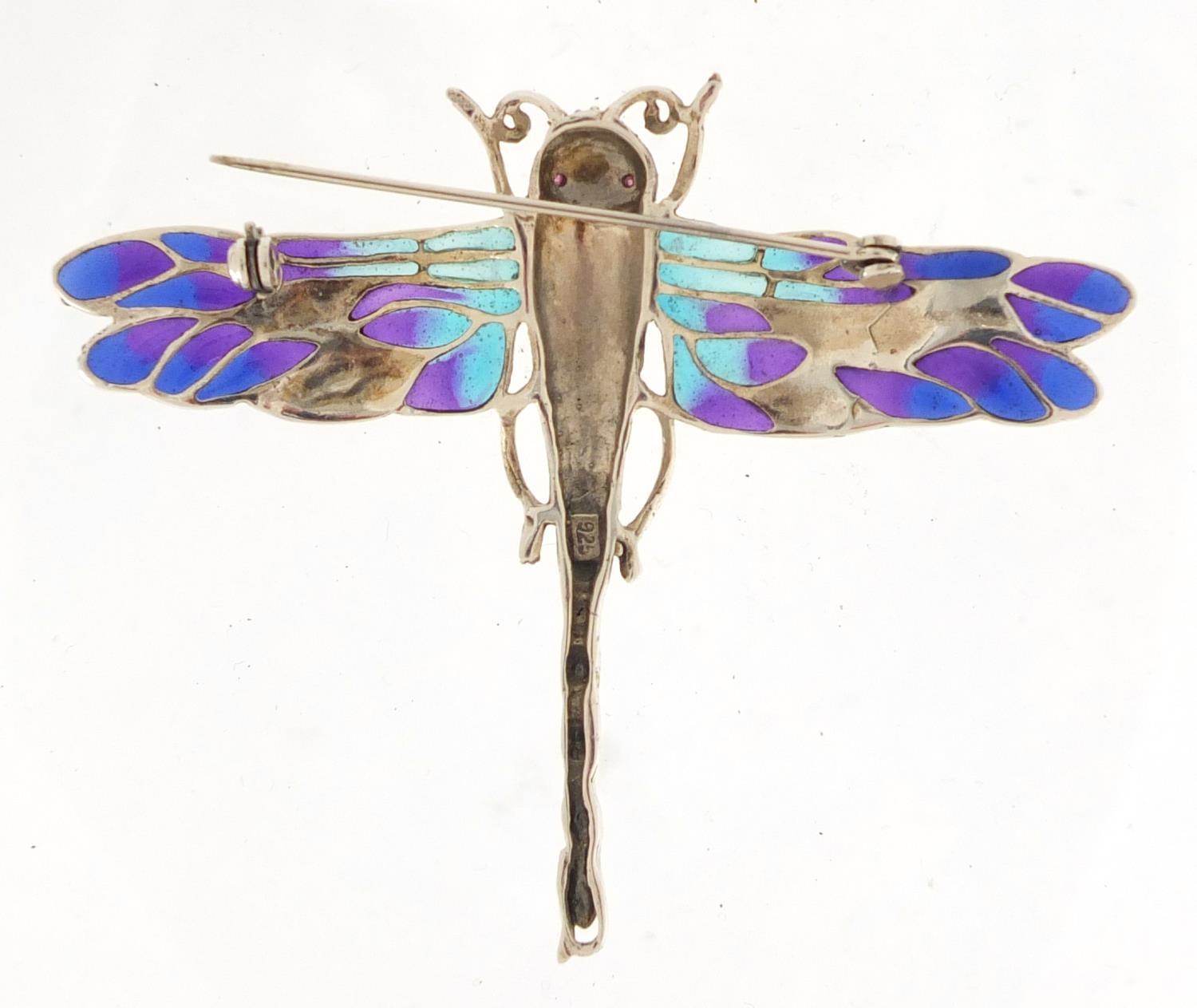 925 silver and Plique-à-jour enamel dragonfly brooch, within ruby eyes, 8cm in length, approximate - Image 2 of 3