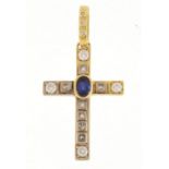 18ct gold diamond and blue stone cross pendant, 6cm in length, approximate weight 15.5g : For