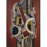 Abstract composition, geometric shapes, oil on board, bearing a monogram FL and inscriptions