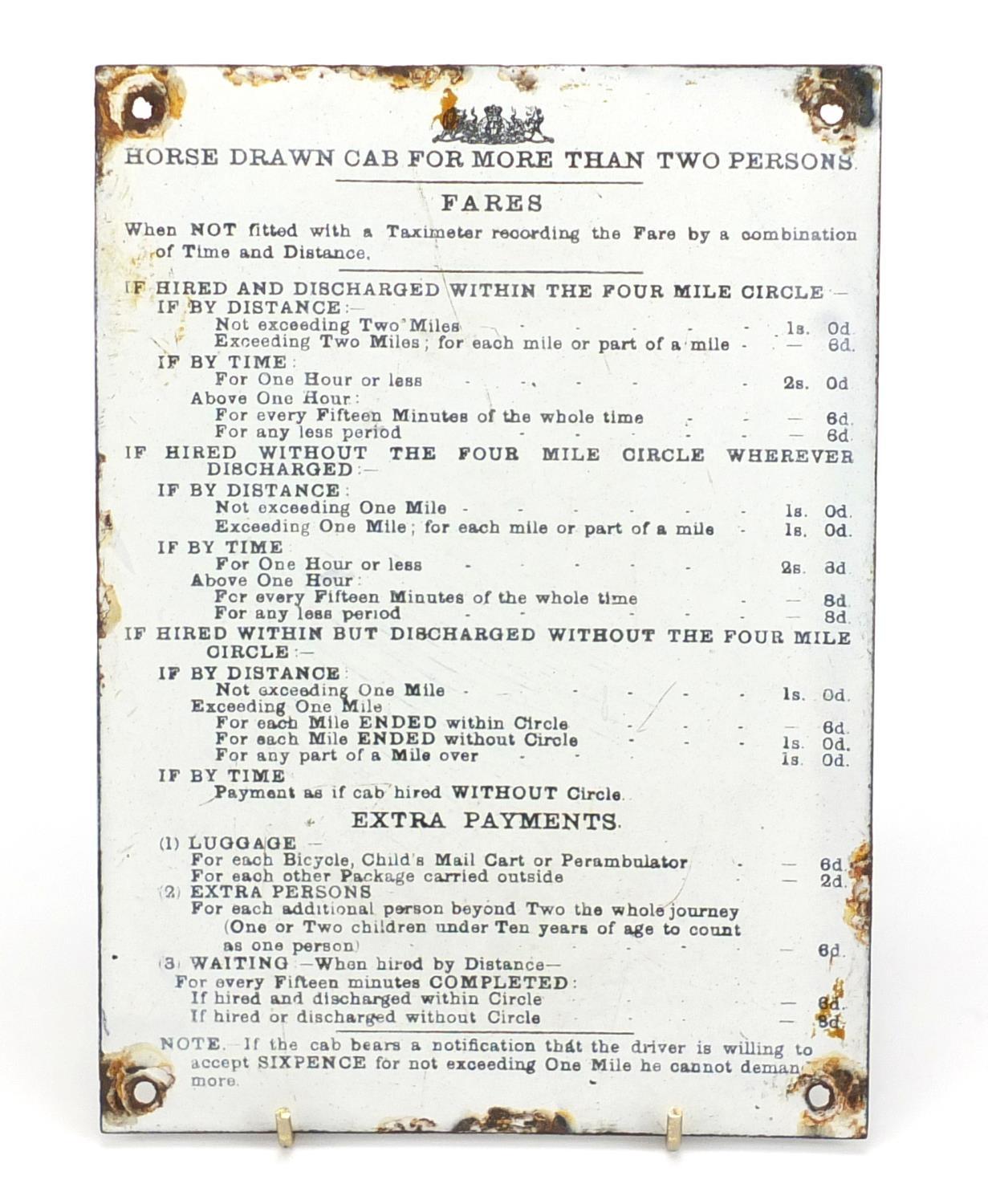 Antique horse drawn cab enamel plaque explaining fares, 23cm x 16.5cm : For Further Condition - Image 2 of 5
