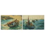 Rob H Smith - Fishermen, Pair of Newlyn School watercolours on card, framed, each 54cm x 37cm :