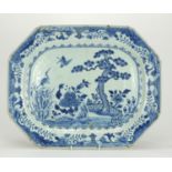 Chinese blue and white porcelain meat platter, hand painted with two cranes in a landscape, 42.5cm