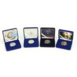Four silver proof commemorative coins with cases and boxes including Diana Princess of Wales and The