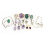 Silver semi precious stone jewellery comprising four pairs of earrings, three pedants on white metal