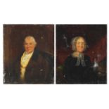 Male and female in formal, top half portraits, pair of Georgian oil on canvases, unframed, each 35cm