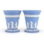 Pair of Wedgwood Jasper Ware vases, each decorated with maidens in a landscape, each 17cm high : For