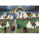 Figures by cottages before water with boats, Irish school gouache, bearing a signature Markey,