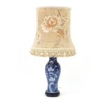 Chinese blue and white porcelain baluster vase table lamp with silk lined shade, hand painted with