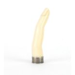 Good 19th century carved ivory pipe tamper in the form of a ladies finger, 6.5cm in length :For