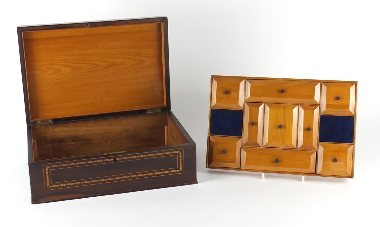 19th century rosewood wood box, the hinged lid marquetry inlaid with a view of The French Naval - Image 5 of 7