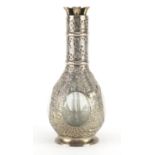 Chinese four chamber glass decanter with sterling silver overlay, pierced and embossed with