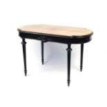 Quarter veneered and ebonised centre table raised on fluted legs, fitted with a drawer to one