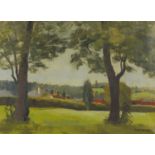 Ruby Wallace - Houses by the park, oil on canvas, framed, 54.5cm x 39.5cm :For Further Condition