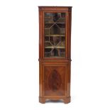 Inlaid mahogany corner cabinet with astragal glazed door above a cupboard door, 185cm H x 65cm W x