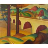 Surreal landscape, figure on horseback crossing a bridge over water, oil on board, bearing a