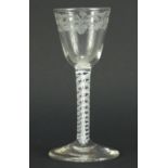 Antique air twist wine glass etched with leaves, 16cm high :For Further Condition Reports Please