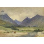 T Munro - Cattle grazing by a river before mountains, 19th century watercolour, 45cm x 31cm :For