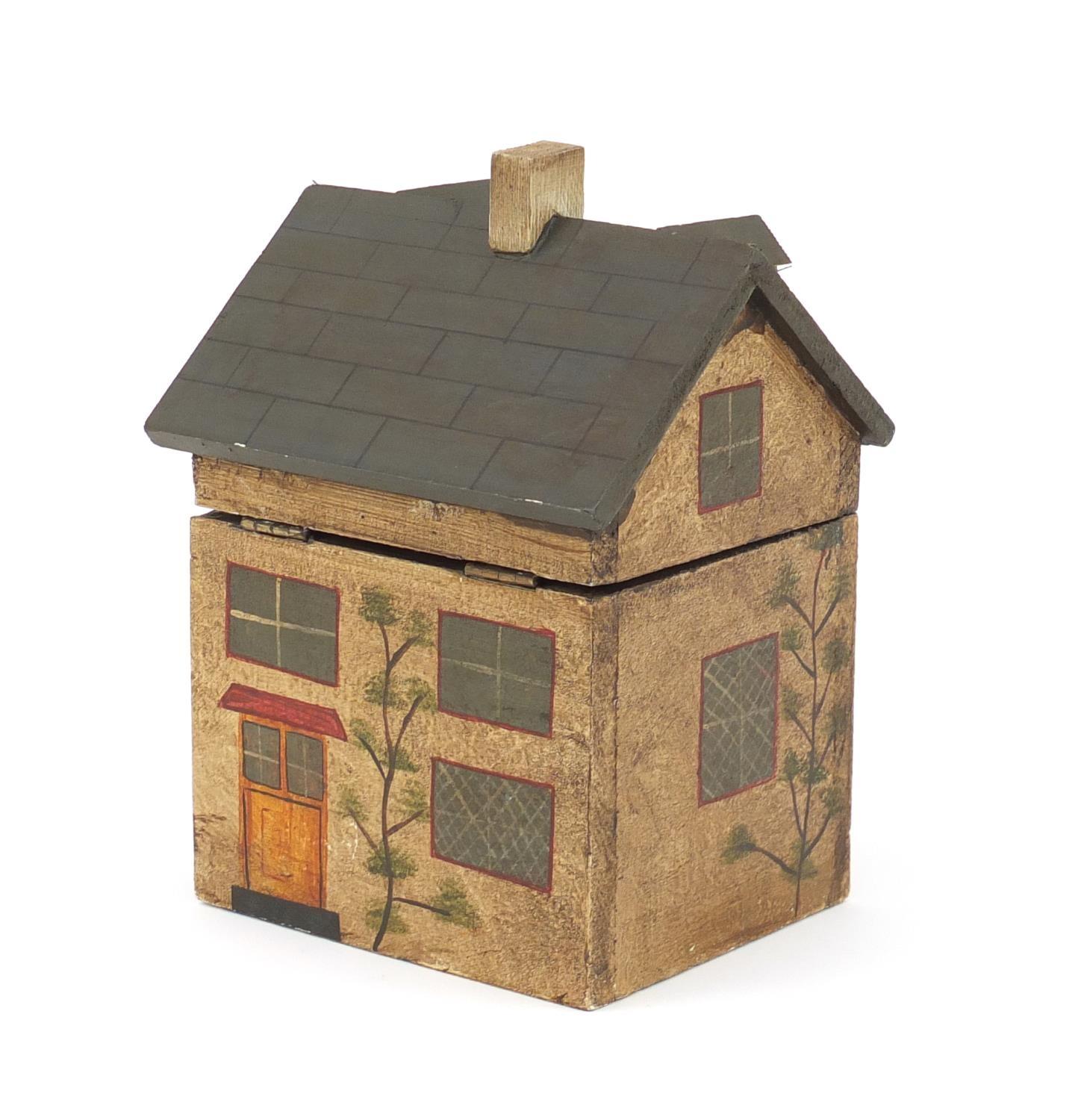 Hand painted carved wooden Georgian house design box with hinged lid, 22.5cm high :For Further - Image 3 of 4