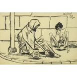 Two figures suffering in a famine, ink on paper, bearing a signature Zainul, mounted and framed,