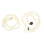 Single string pearl necklace with 18ct gold clasp and a double string pearl necklace with silver