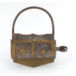 Large Islamic brass mounted steel lock, 38cm H x 27cm W excluding the key :For Further Condition