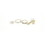 Two 9ct gold rings set with clear stones and two pairs of 9ct gold earrings, 4.9g :For Further