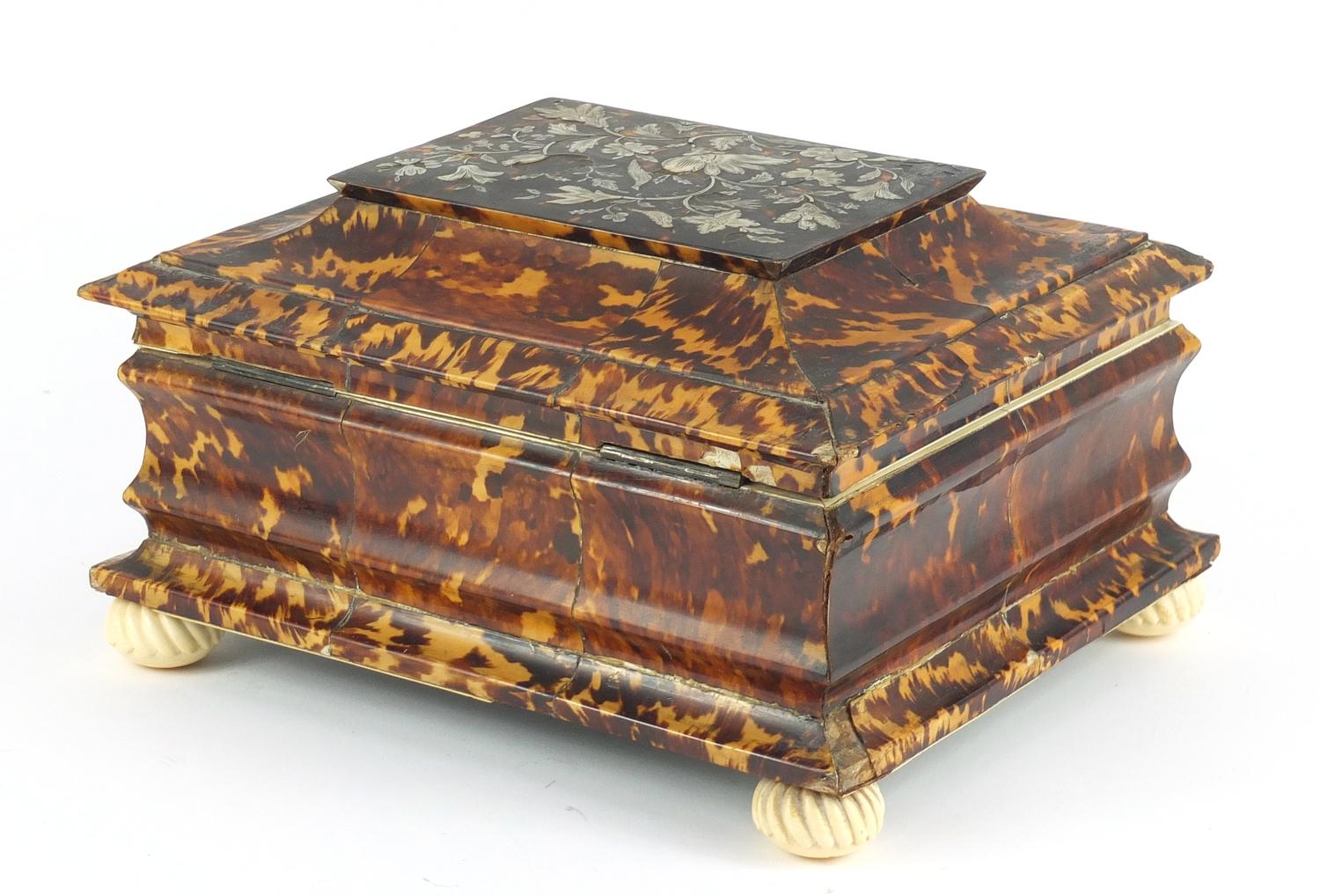 19th century tortoiseshell and ivory sewing box, the hinged lid with mother of pearl floral inlay, - Image 5 of 6