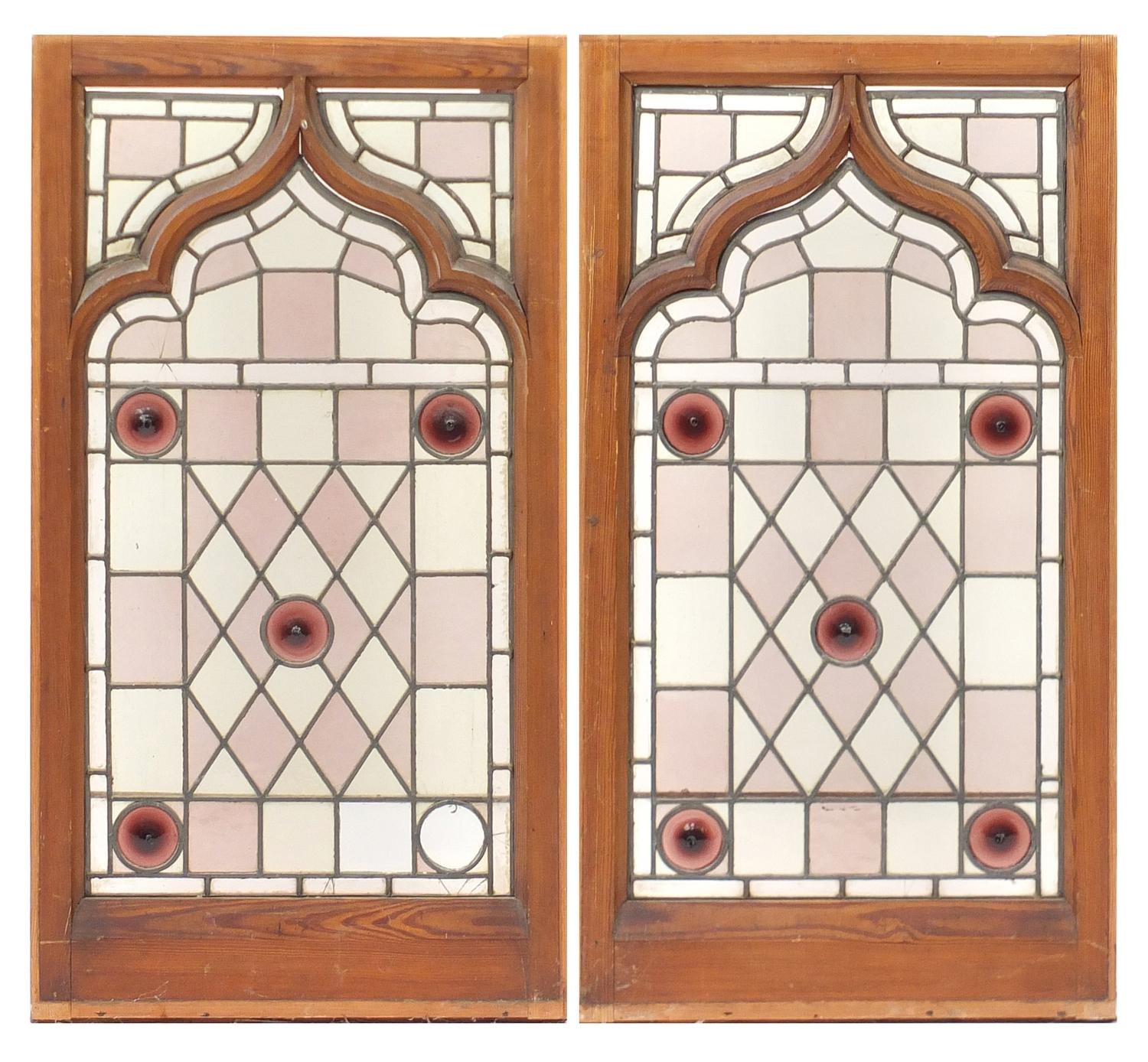 Pair of oak framed leaded stained glass panels, framed, each 115cm x 63cm :For Further Condition