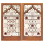 Pair of oak framed leaded stained glass panels, framed, each 115cm x 63cm :For Further Condition