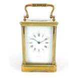 Large French brass cased carriage clock by R Stewart of Paris, the enamelled dial having Roman and