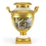19th century Continental campana urn vase and cover with twin handles, finely hand painted with a