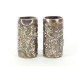 Pair of Chinese silver naturalistic vases by Wang Hing, impressed marks to the bases, each 4.5cm