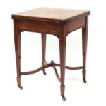 Victorian inlaid rosewood envelope card table, with baize lined interior, 75cm H x 56cm W x 56cm