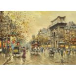 Antoine Blanchard - Busy Parisian street scene, oil on canvas, Antoine Blanchard Paris stamp and