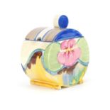 Clarice Cliff Pansy Delicia jam pot and cover, factory marks to the base, 10.5cm high :For Further
