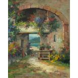 Archway before water, continental school oil on canvas, bearing an indistinct signature and
