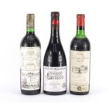 Three bottles of red wine comprising a bottle of 1970 Chateau La Tour Pibran Pauillac, bottle of