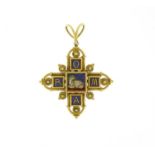 Very fine Italian unmarked gold micro mosaic cross pendant brooch, the central panel with a sheep