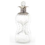 Victorian hour glass decanter with silver mount by William Comyns, 24cm high :For Further