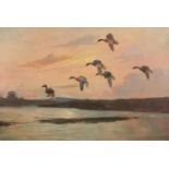Wilfred Bailey - Ducks in flight over water, oil on canvas, framed, 74.5cm x 50cm :For Further