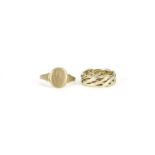 9ct gold weave design ring, size O and a broken 9ct gold signet ring, 6.6g :For Further Condition