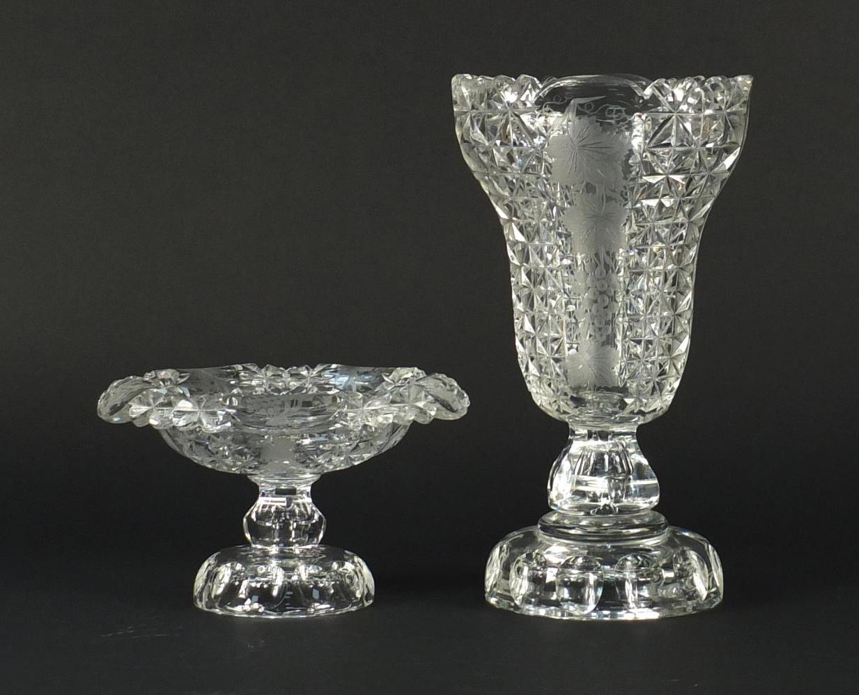 19th century cut glass vase and pedestal sweetmeat dish, etched with berries and leaves, the largest - Image 2 of 3