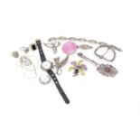 Mostly silver jewellery including marcasite brooches, a guilloche enamel brooch and a Scottish