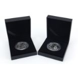 Two Britannia one ounce silver proof two pound coins with fitted boxes comprising dates 2008 and
